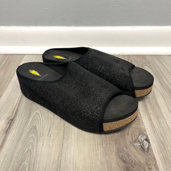 Volatile Sandals Womens 9 Festina Black Shimmery Stretch Knit Low Platform Wedge - Picture 1 of 6